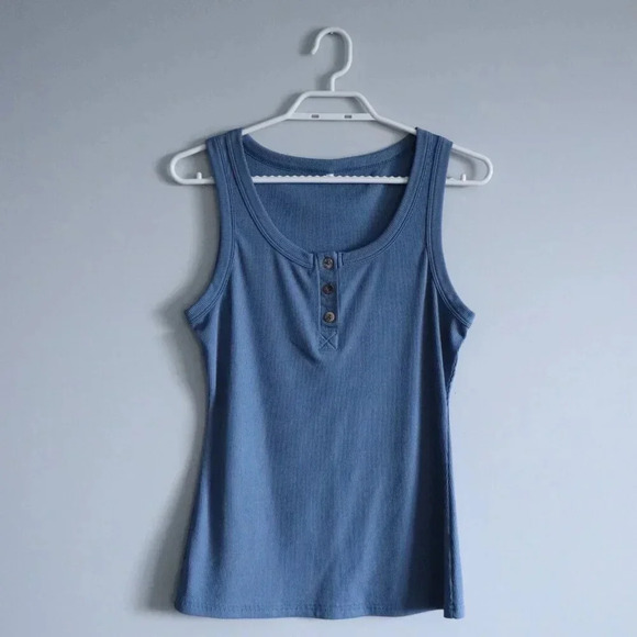Unbranded Women's Large Blue Sleeveless Ribbed Racerback Buttoned Crew Tank Top - Picture 1 of 10